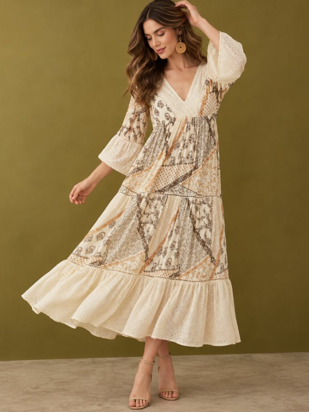 Boho Ivory Patchwork V-Neck Tiered Maxi Dress